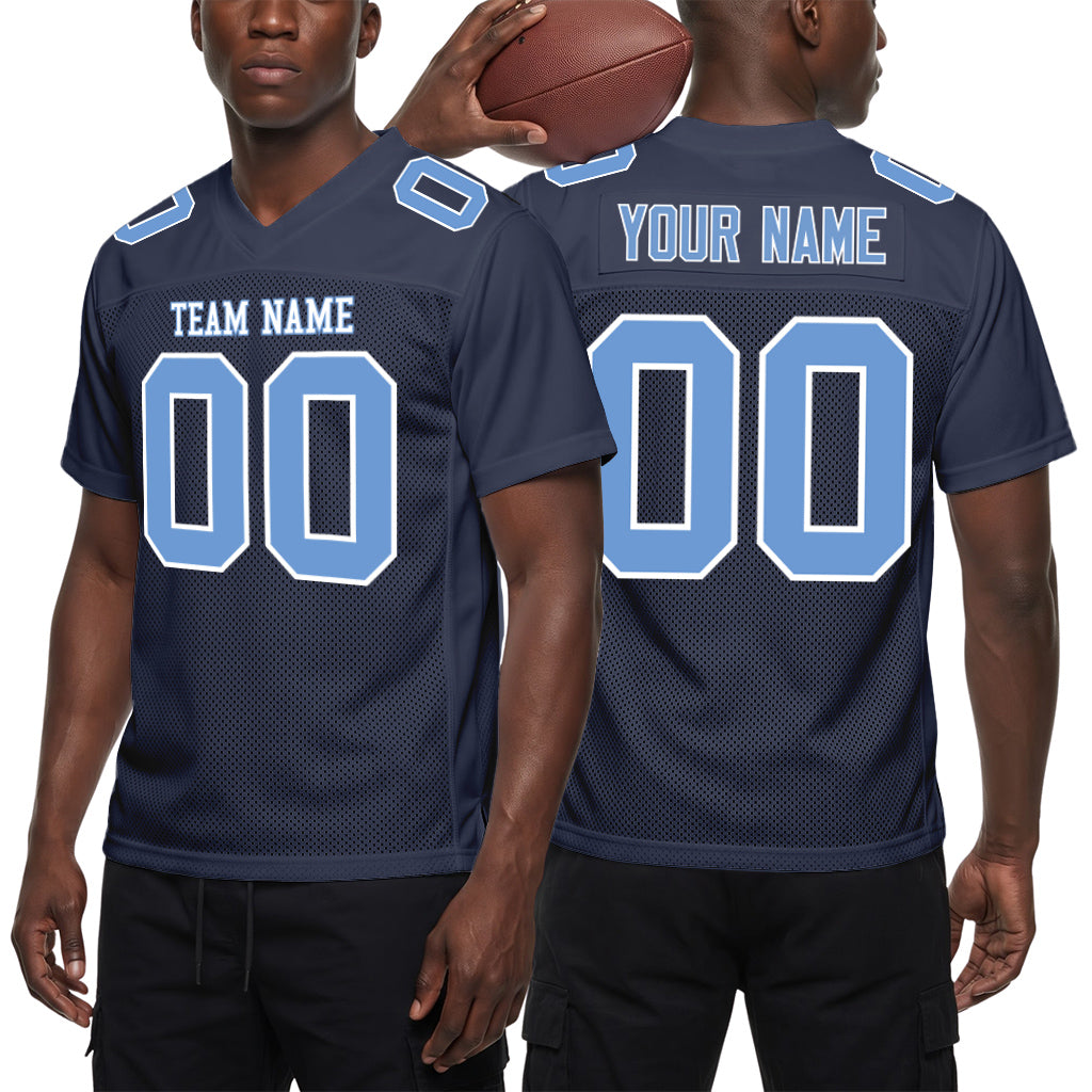Custom Navy Light Blue-White Mesh Football Jersey