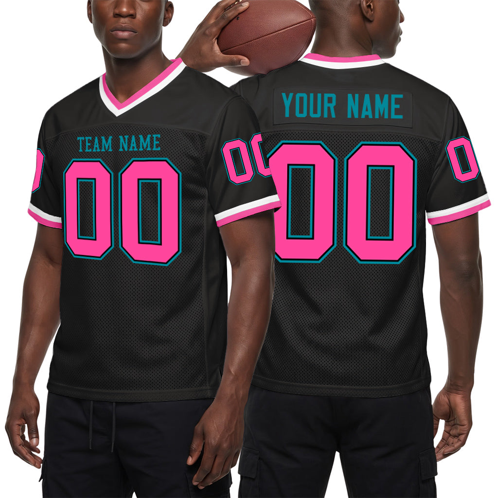 Custom Black Pink-Teal Mesh Throwback Mesh Football Jersey