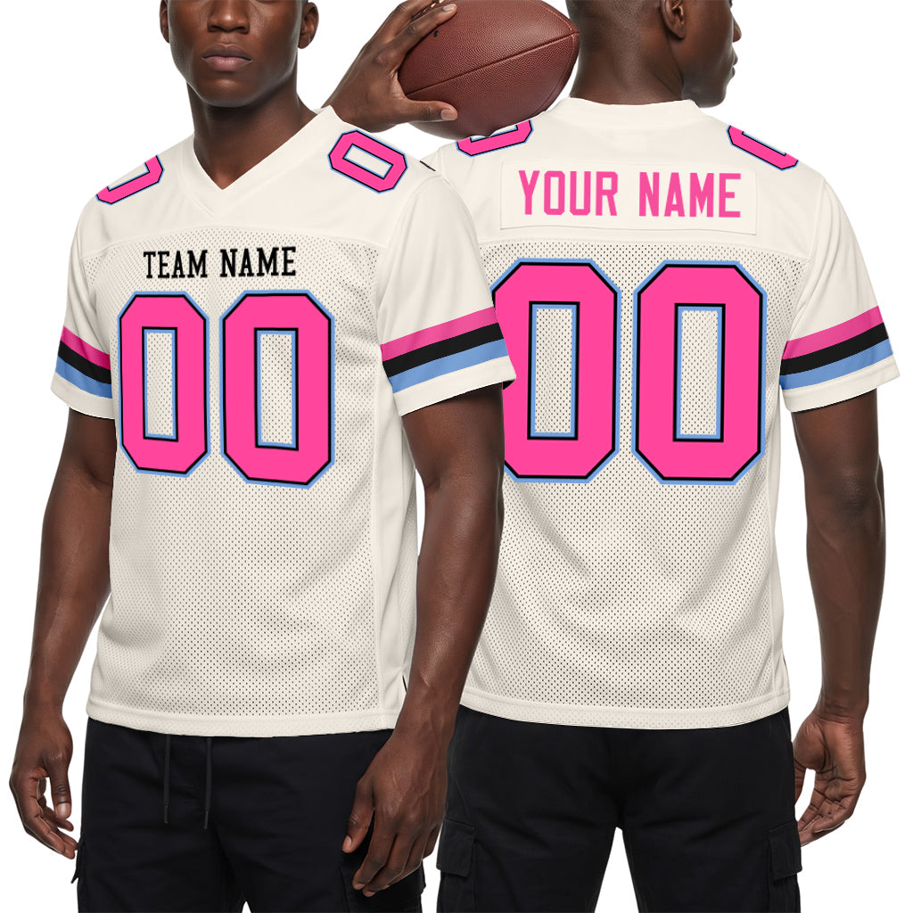 Custom Cream Pink Black-Light Blue Mesh Football Jersey
