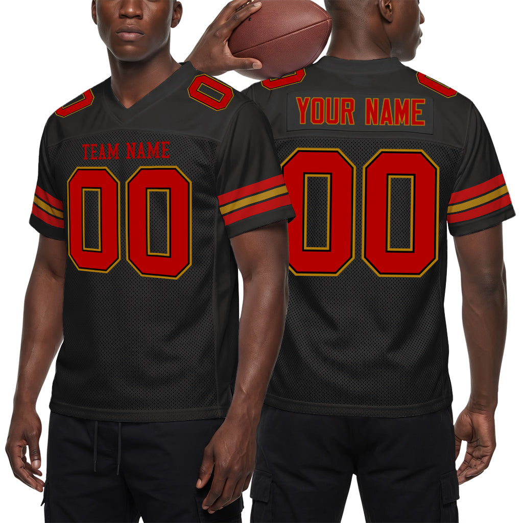 Custom Black Red-Old Gold Custom Name Mesh Football Jersey