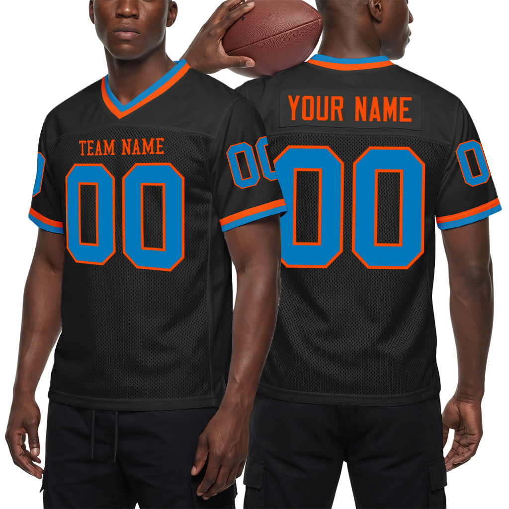 Custom Black Blue-Orange Mesh Throwback Mesh Football Jersey