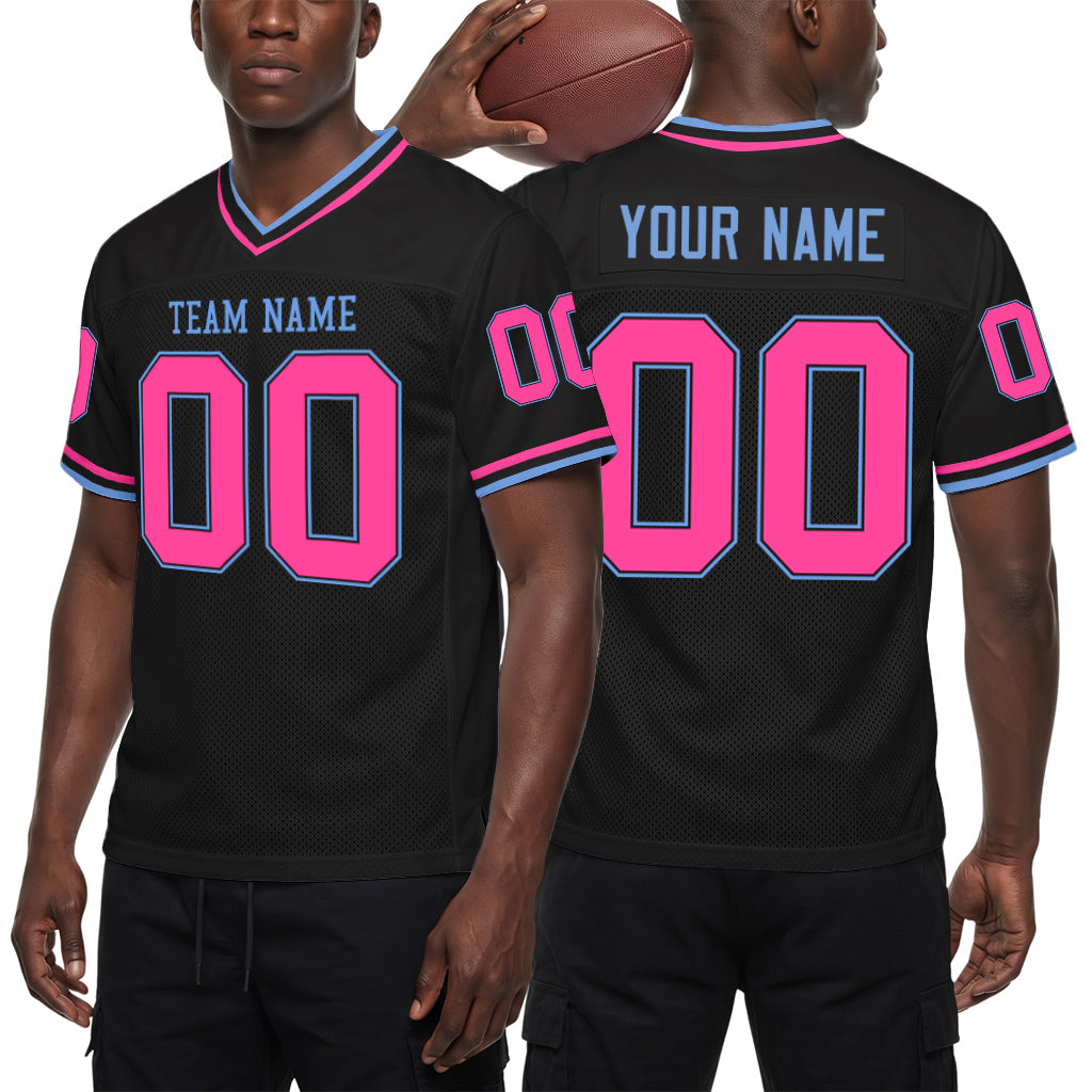 Custom Black Pink-Light Blue Mesh Football Jersey