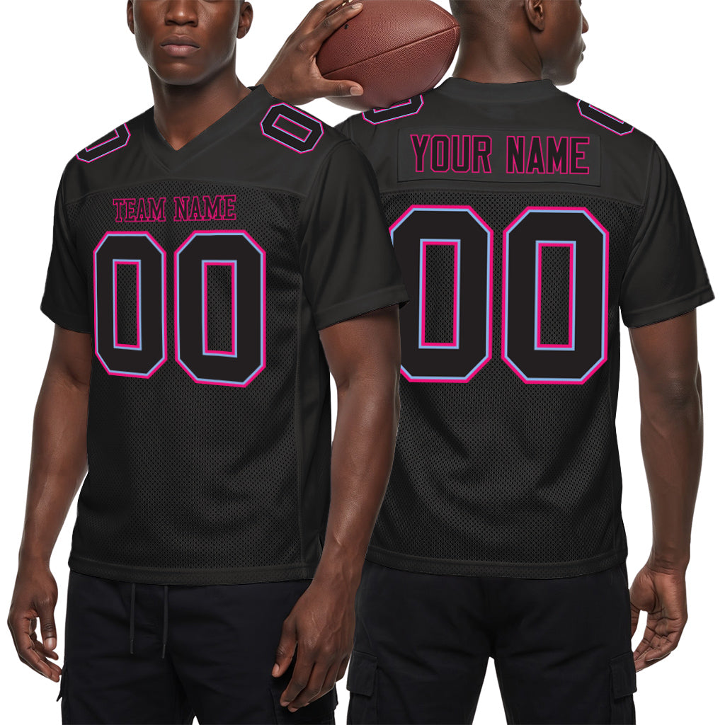Custom Black Black Powder Blue-Hot Pink Mesh Football Jersey
