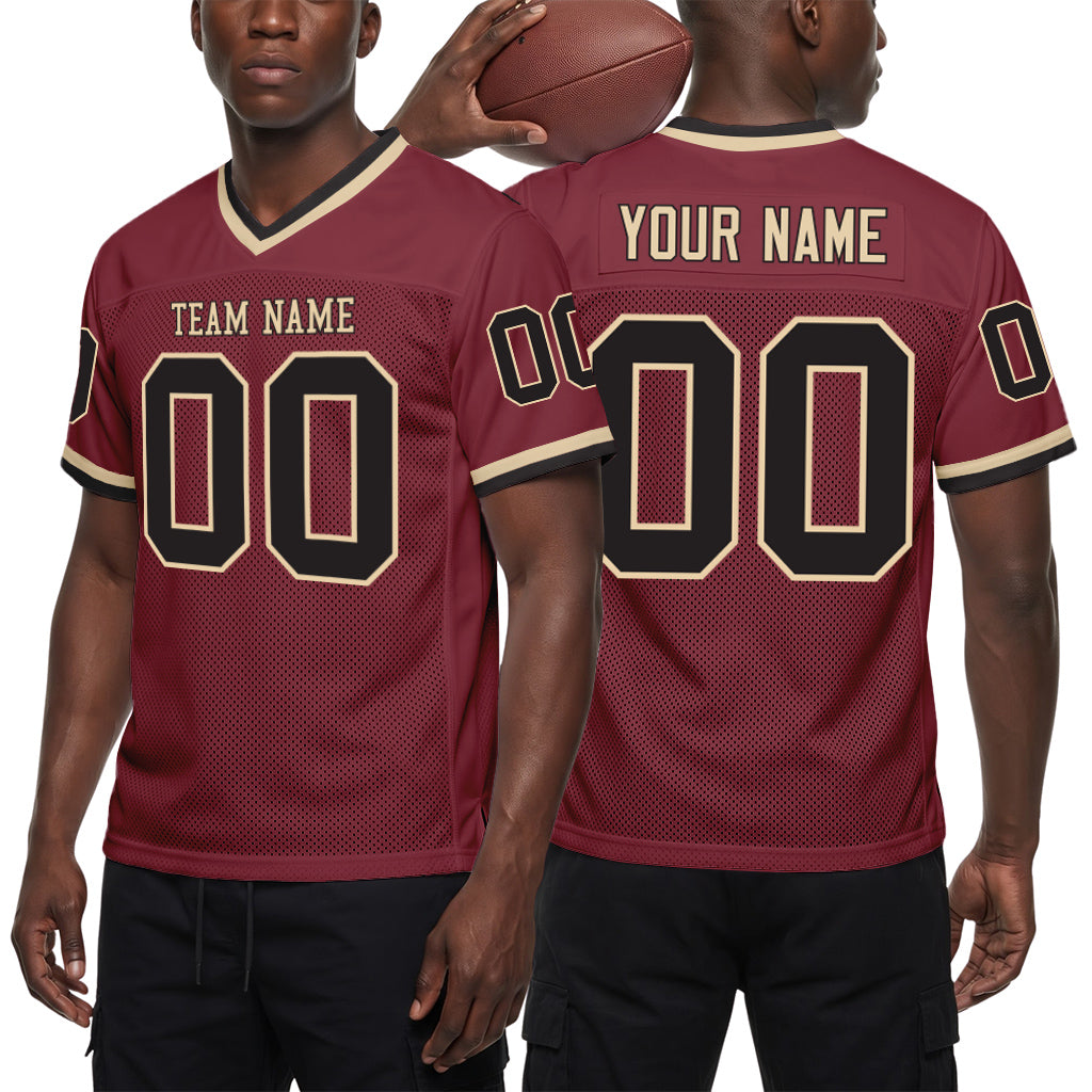 Custom Burgundy Black-Cream Mesh Football Jersey