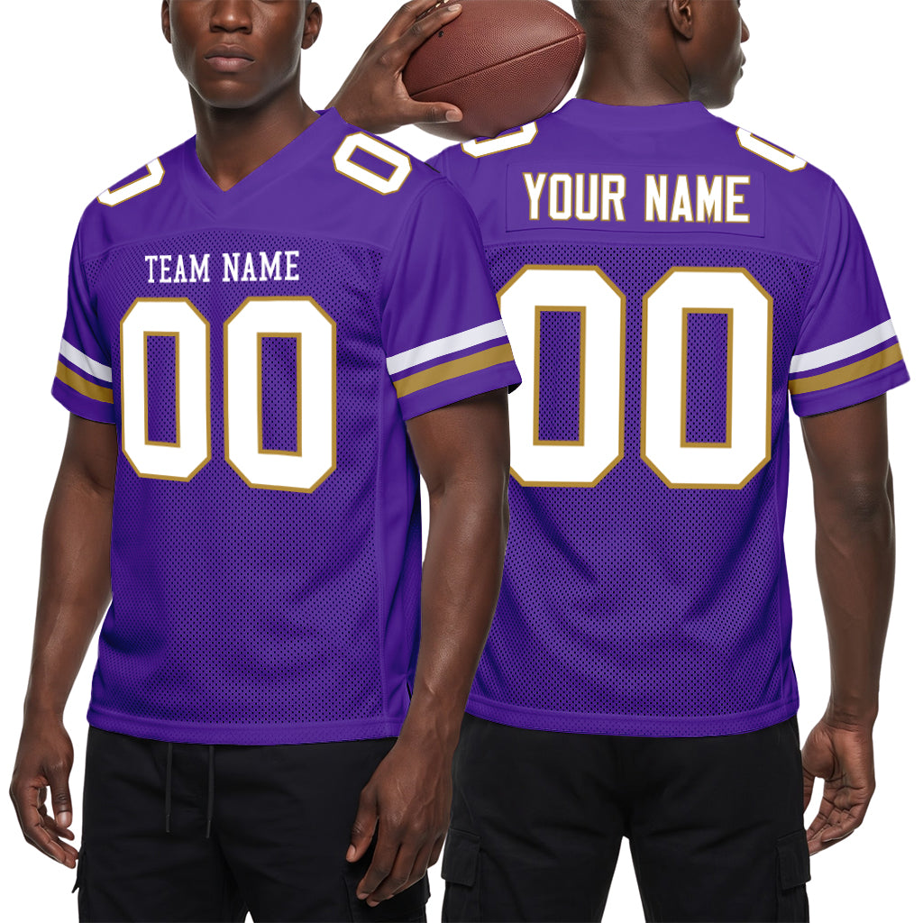 Custom Purple White-Old Gold Mesh Football Jersey