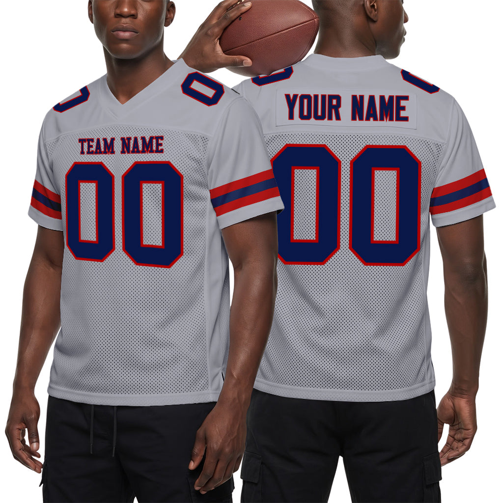 Custom Light Gray Navy-Red Mesh Football Jersey