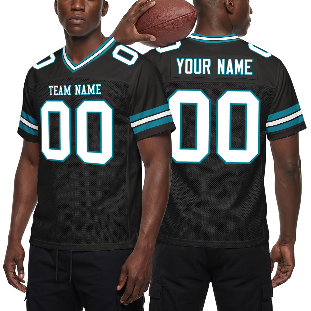 Custom Black White-Teal Mesh Football Jersey