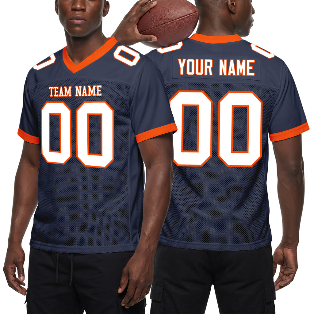 Custom Navy White-Orange Mesh Football Jersey