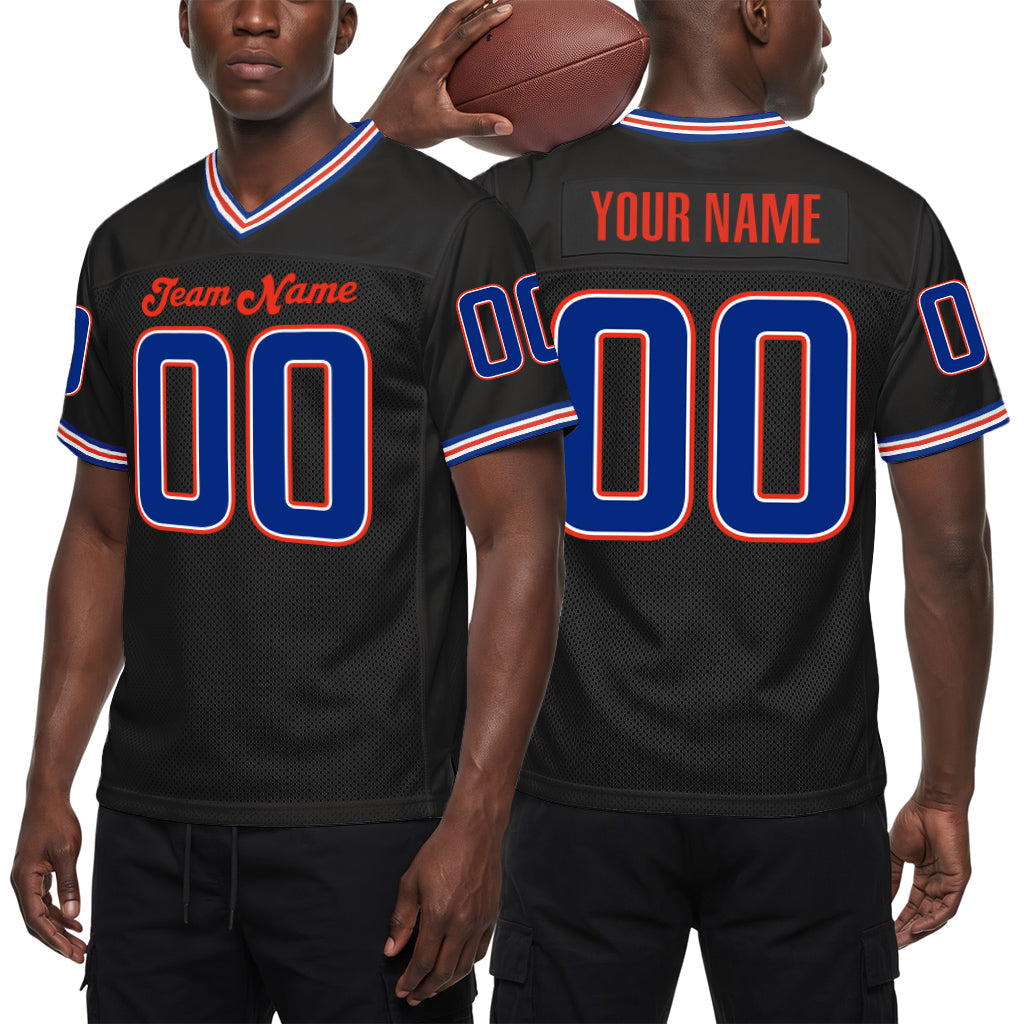 Custom Black Royal-Orange Mesh Throwback Mesh Football Jersey