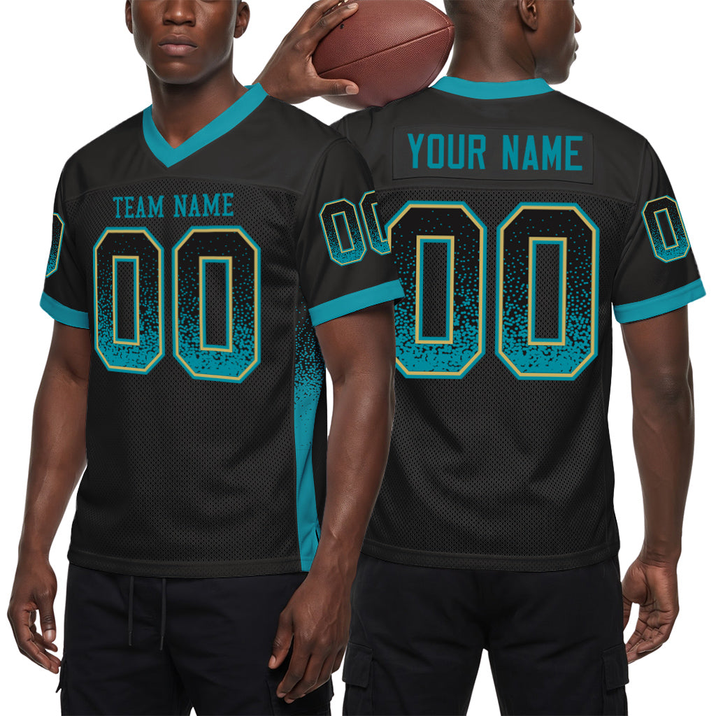 Custom Black Teal-Old Gold Drift Fashion Custom Name Mesh Football Jersey