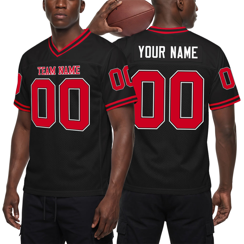 Custom Black Red-White Mesh Football Jersey