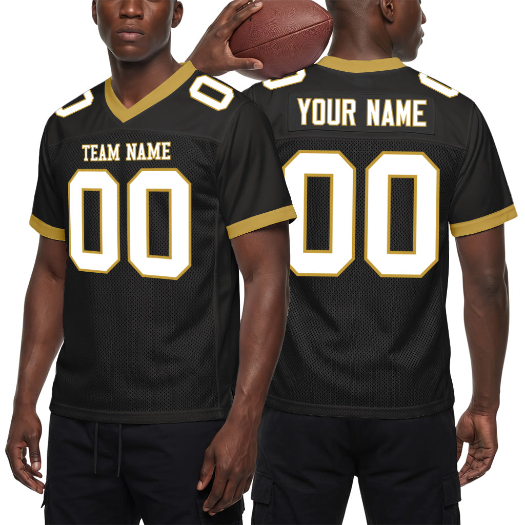 Custom Black White-Old Gold Mesh Football Jersey