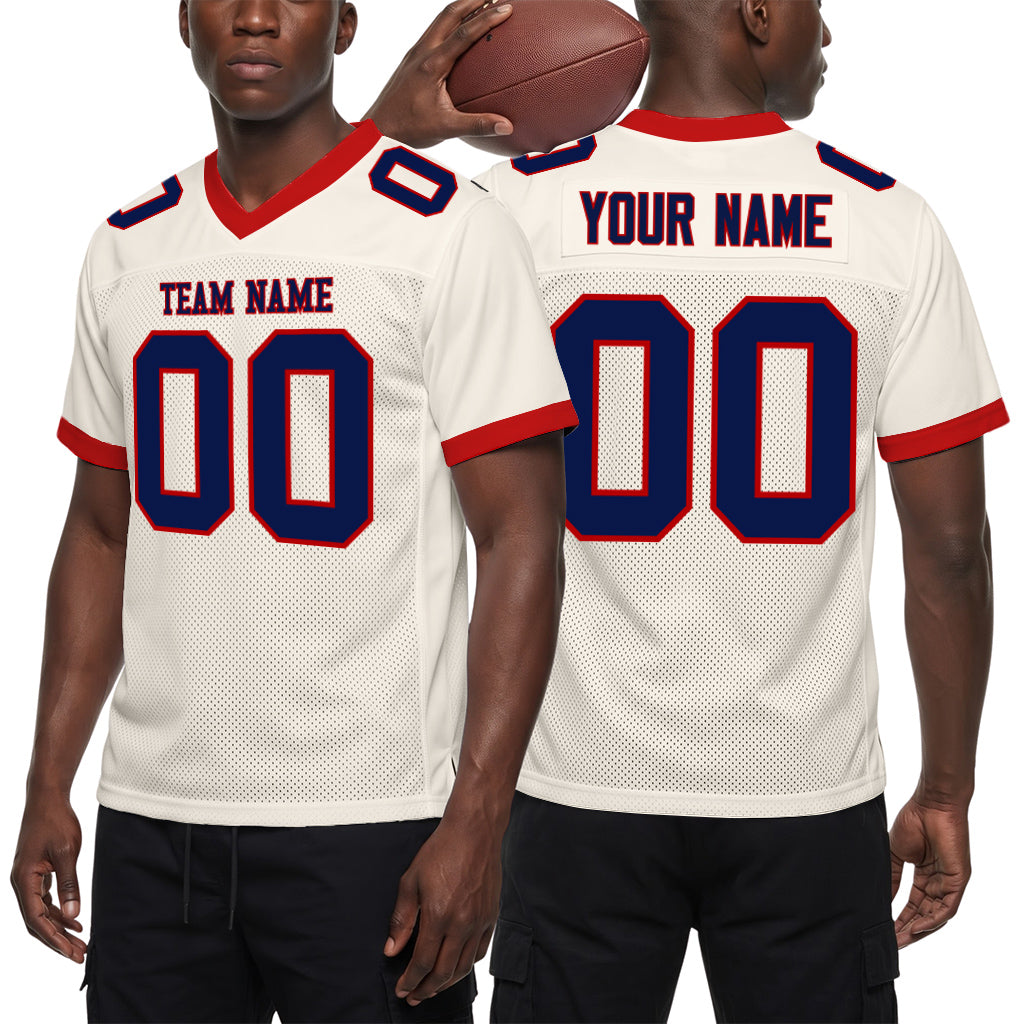 Custom Cream Navy-Red Mesh Football Jersey