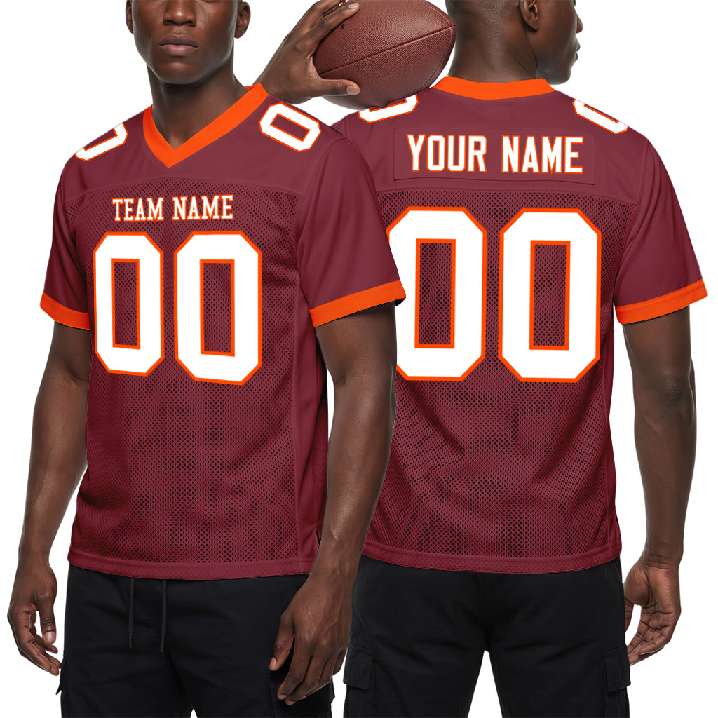 Custom Burgundy White-Orange Mesh Football Jersey