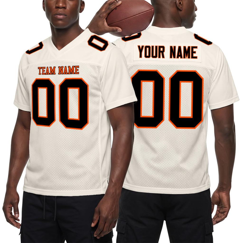 Custom Cream Black-Orange Mesh Football Jersey