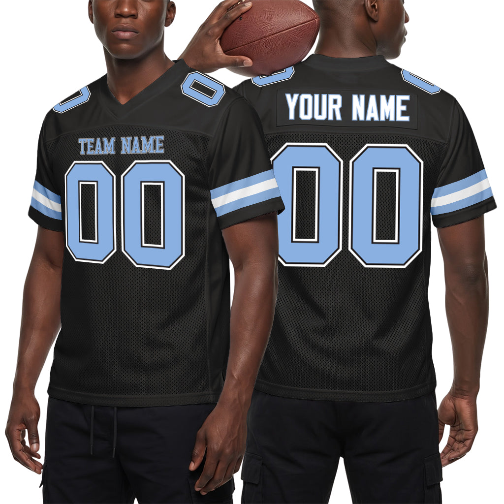 Custom Black Light Blue-White Custom Name Mesh Football Jersey