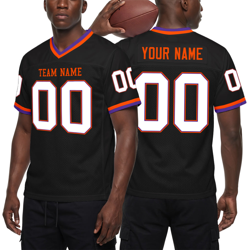 Custom Black Purple-Orange Mesh Football Jersey