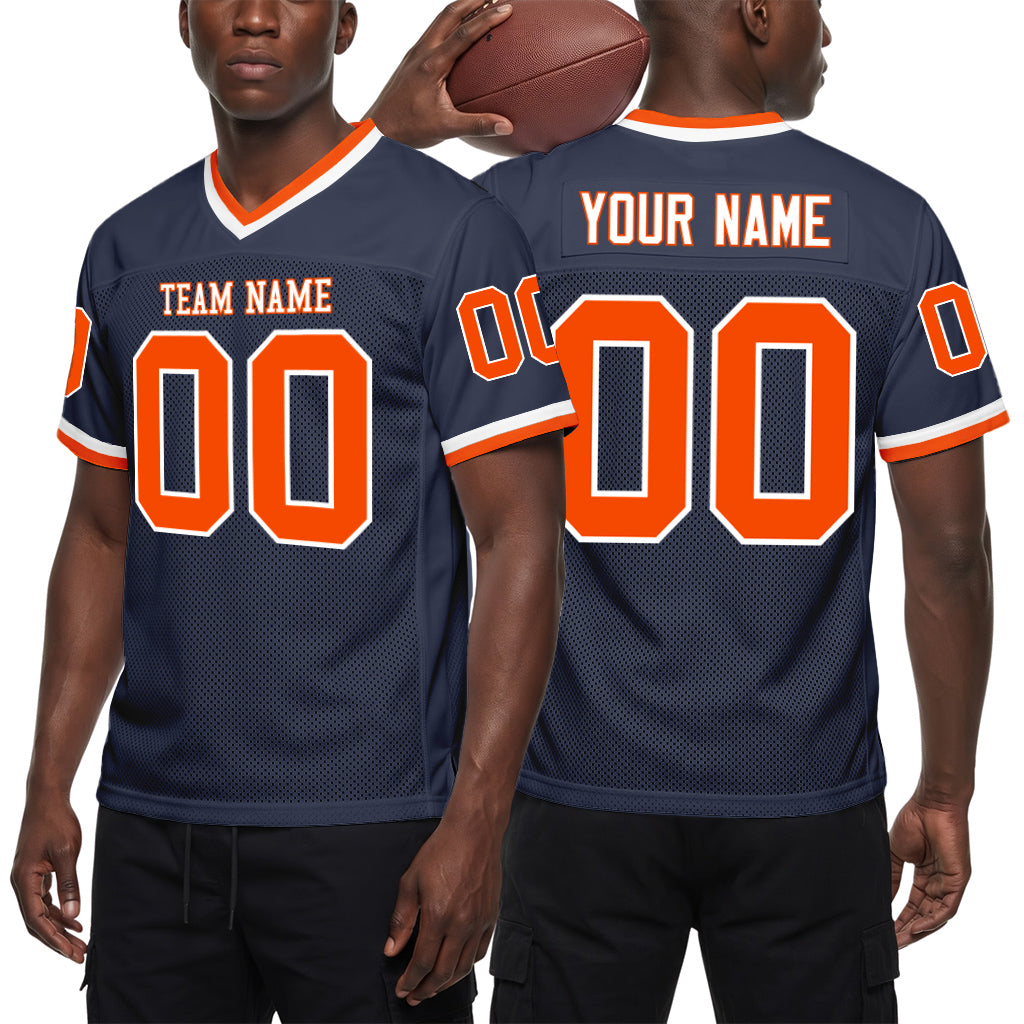 Custom Navy Orange-White Mesh Football Jersey