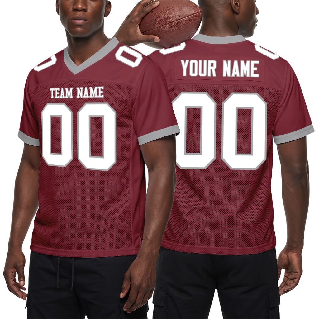 Custom Burgundy White-Gray Mesh Football Jersey