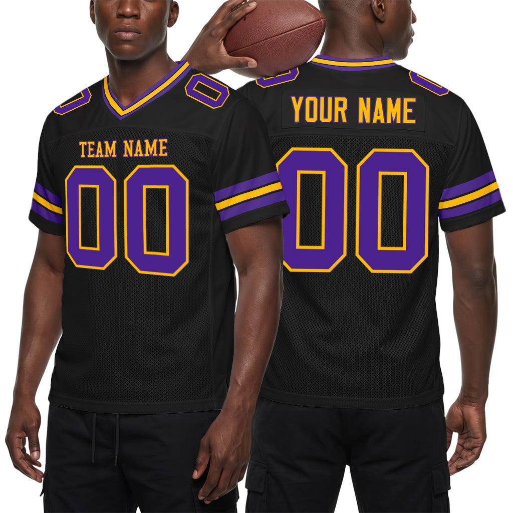 Custom Black Purple-Gold Mesh Football Jersey