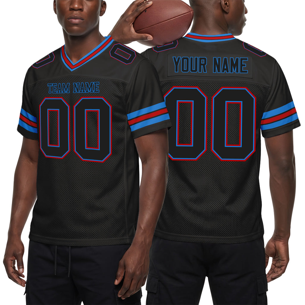 Custom Black Electric Blue-Red Mesh Football Jersey