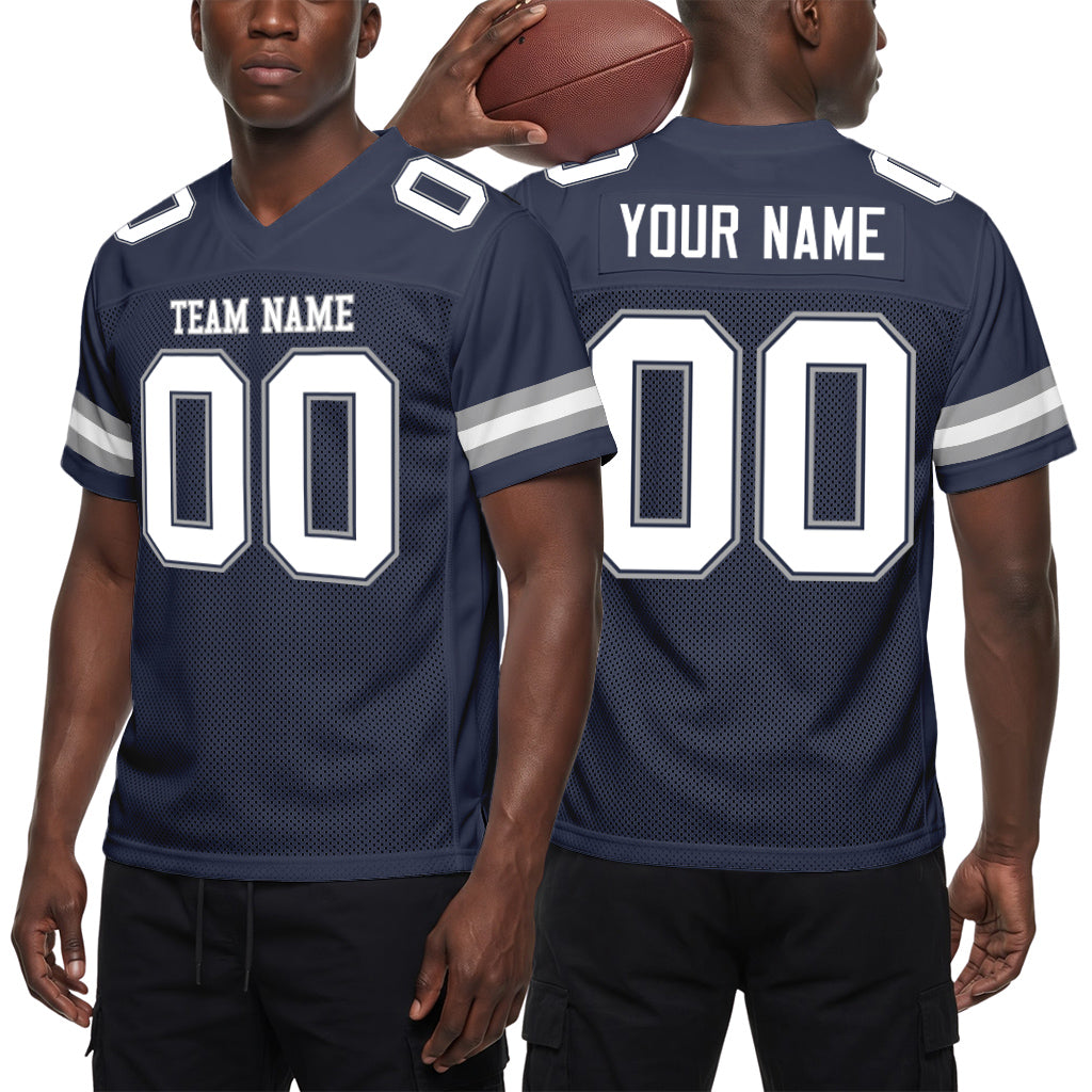 Custom Navy White-Gray Mesh Football Jersey