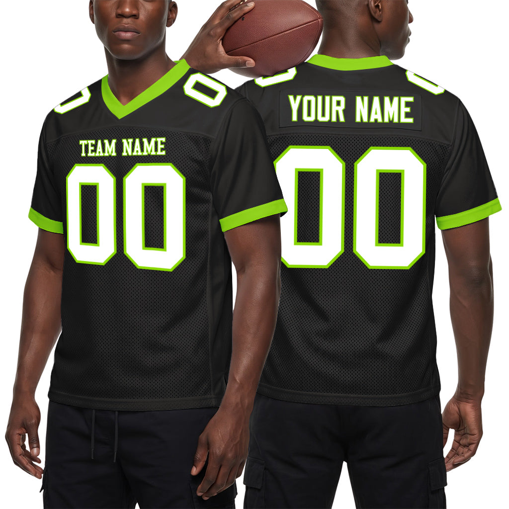 Custom Black White-Neon Green Mesh Football Jersey