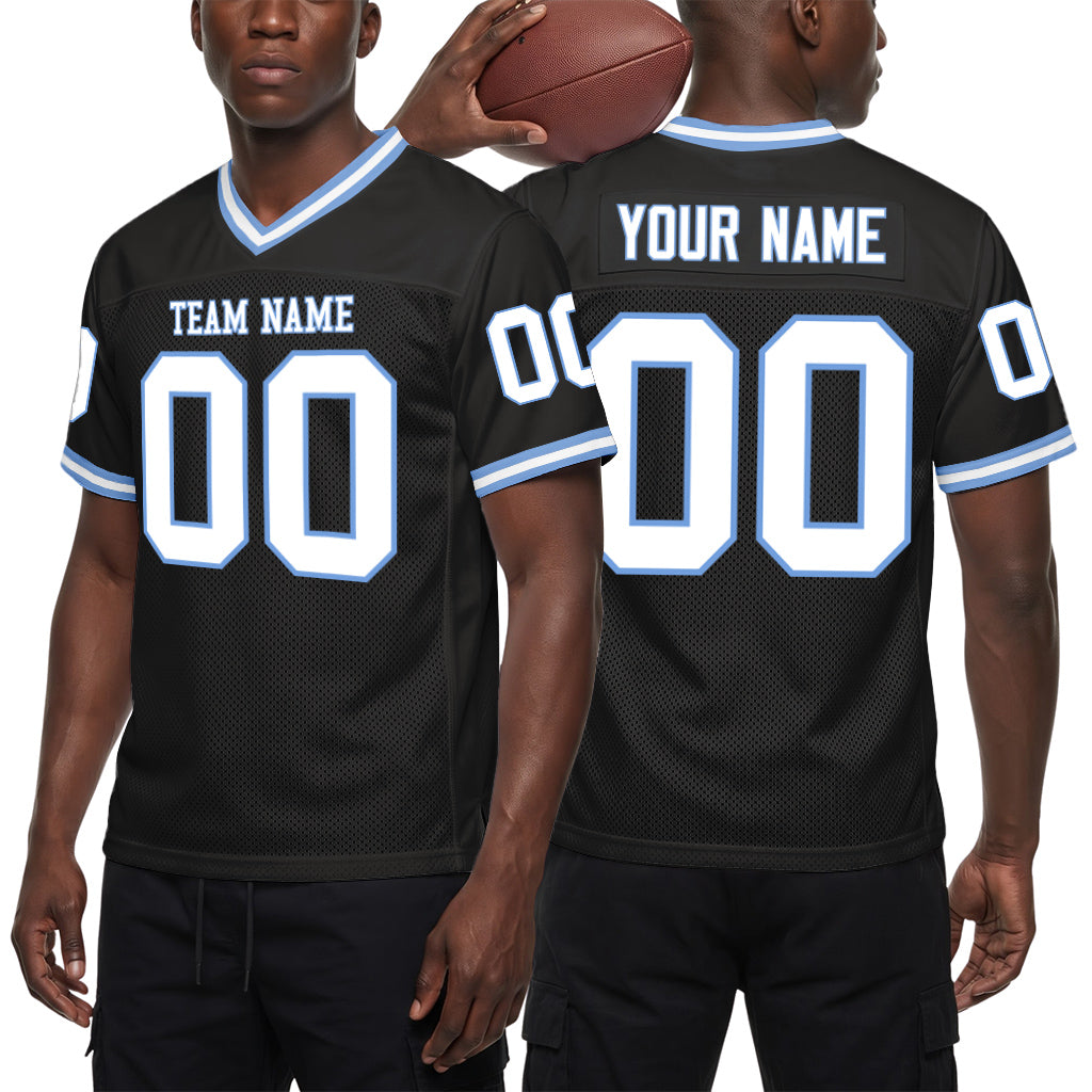 Custom Black White-Light Blue Mesh Throwback Mesh Football Jersey