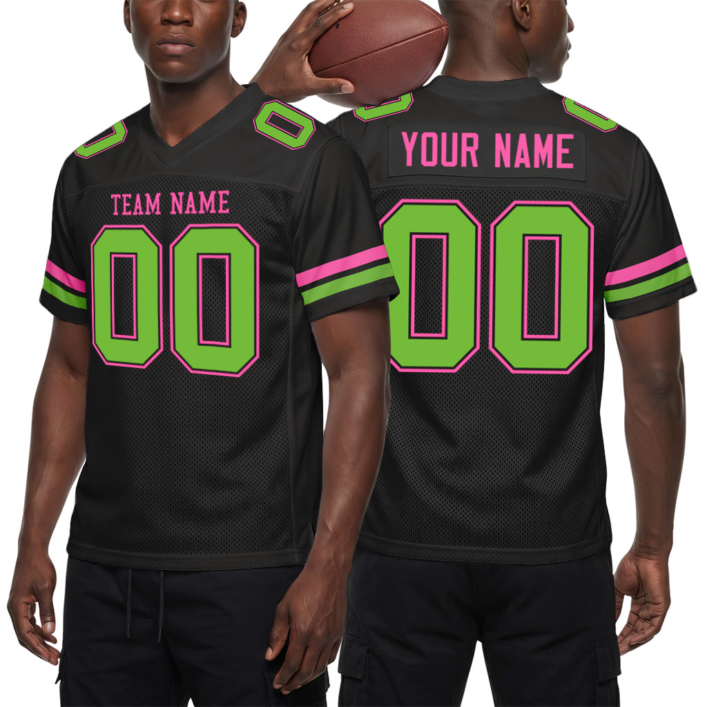 Custom Black Neon Green-Pink Mesh Football Jersey
