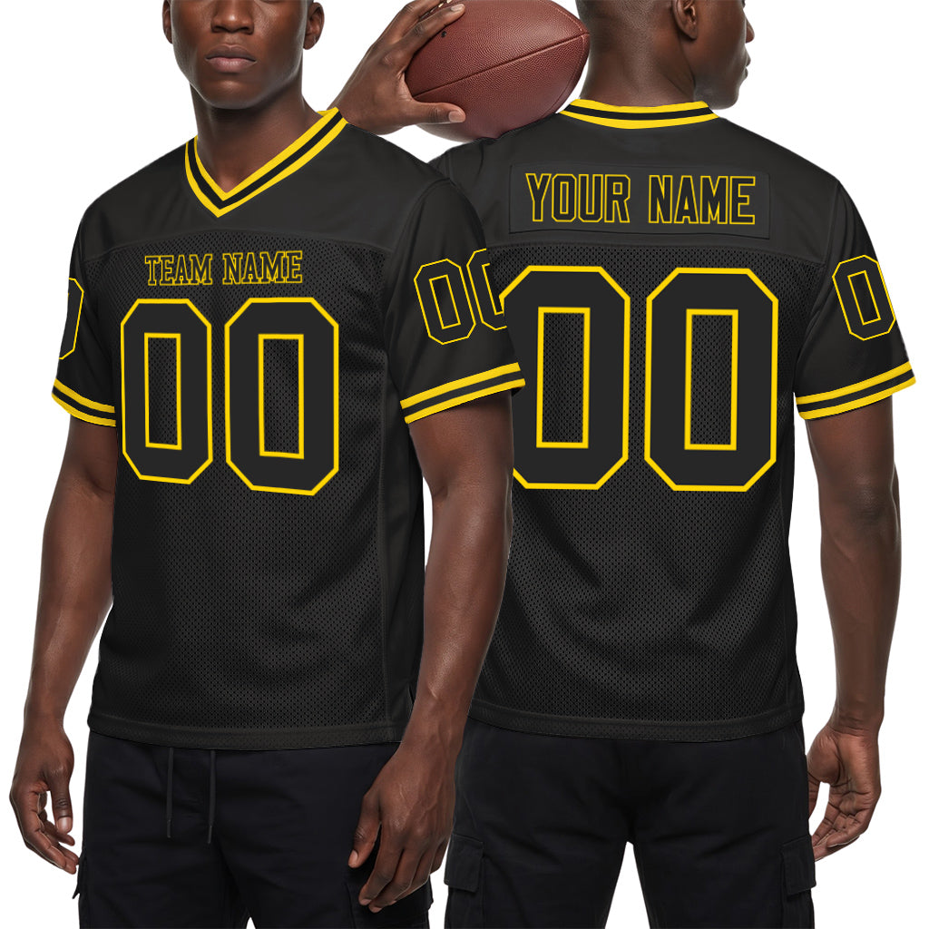 Custom Black Black-Gold Mesh Throwback Mesh Football Jersey