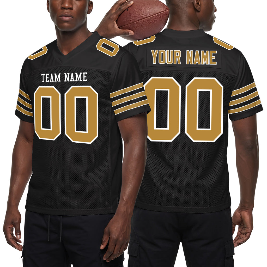 Custom Black Old Gold-White Mesh Football Jersey