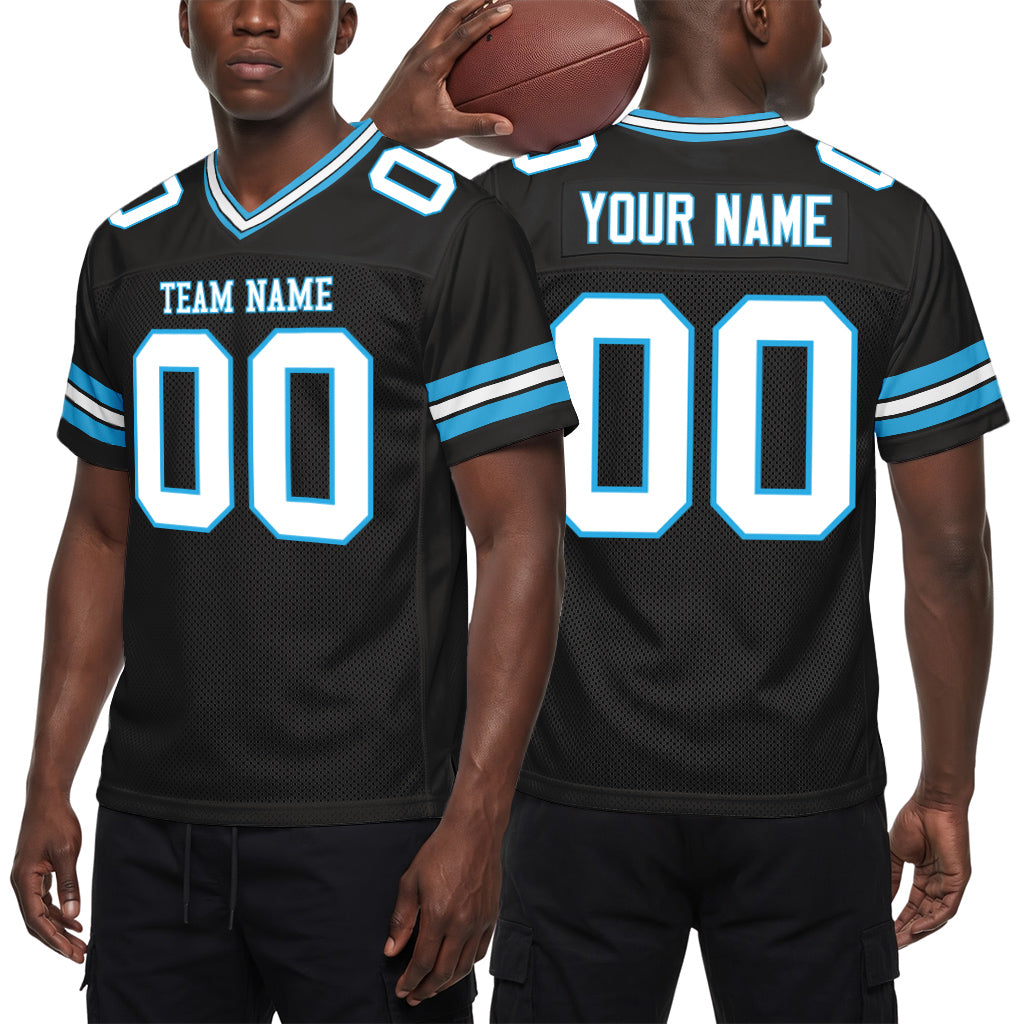 Custom Black White-Sky Blue Mesh Football Jersey