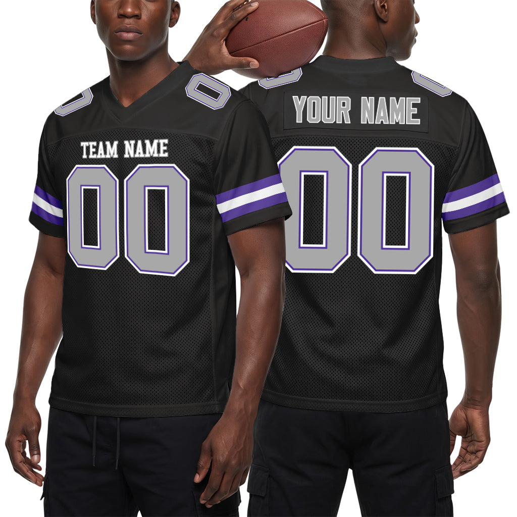 Custom Black Gray-Purple Mesh Football Jersey