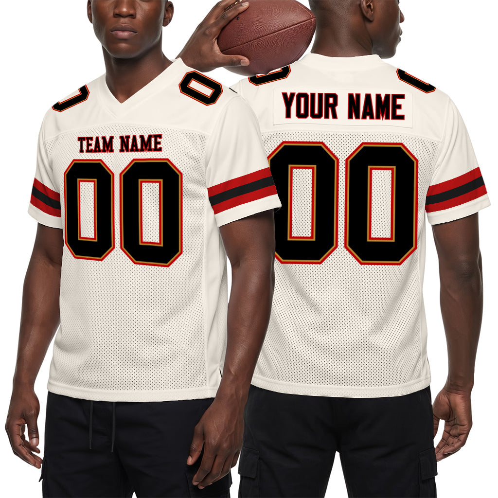 Custom Cream Black-Red Mesh Football Jersey