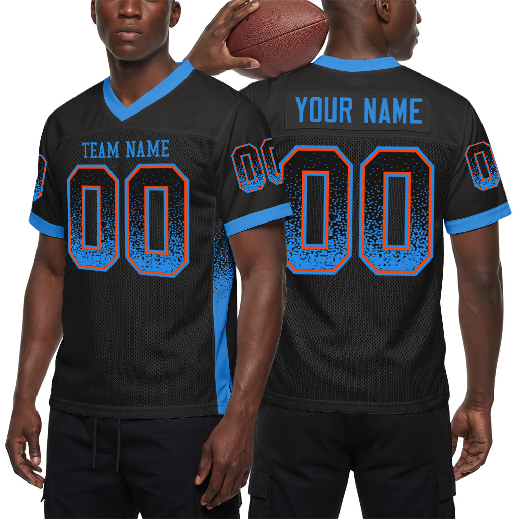 Custom Black Electric Blue-Orange Mesh Drift Fashion Mesh Football Jersey