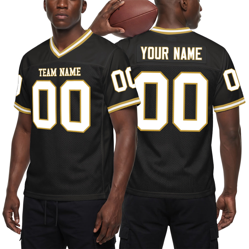 Custom Black White-Old Gold Mesh Throwback Mesh Football Jersey