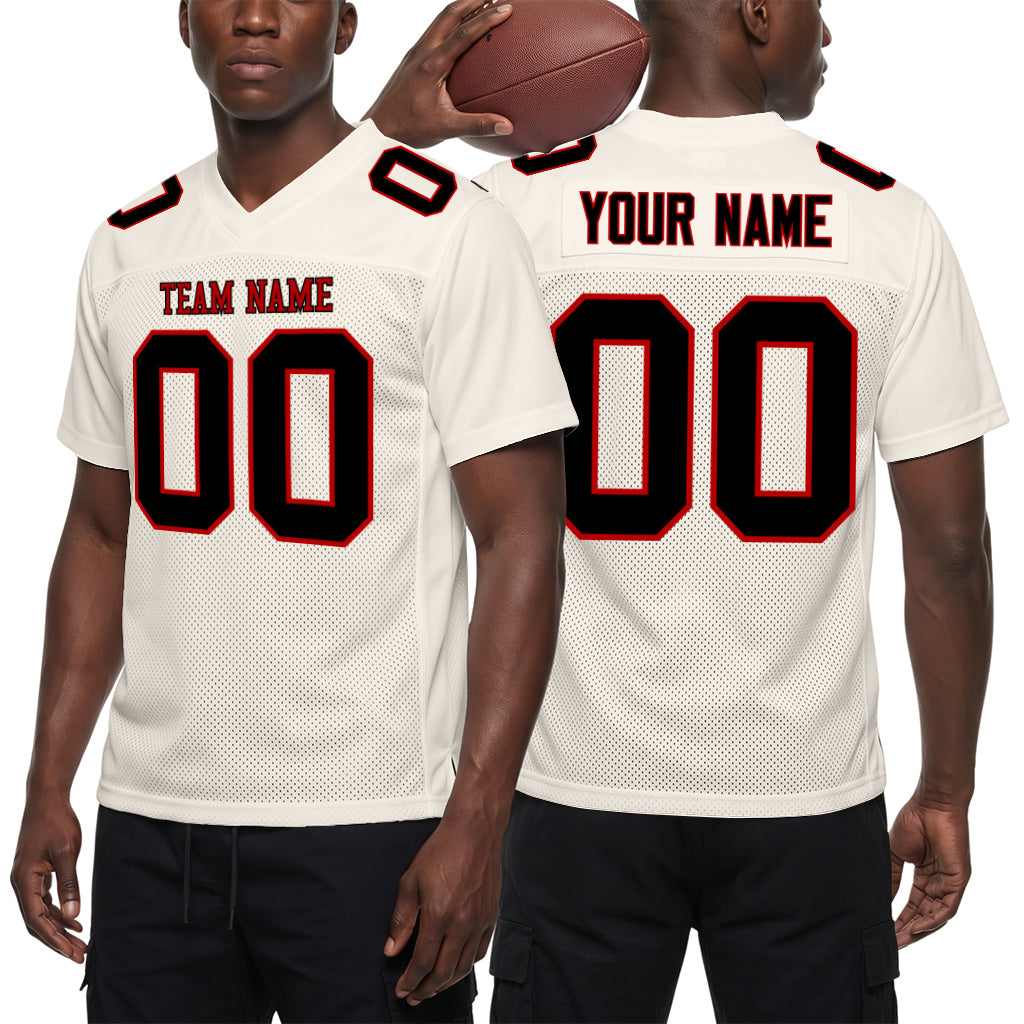 Custom Cream Black-Red Mesh Football Jersey