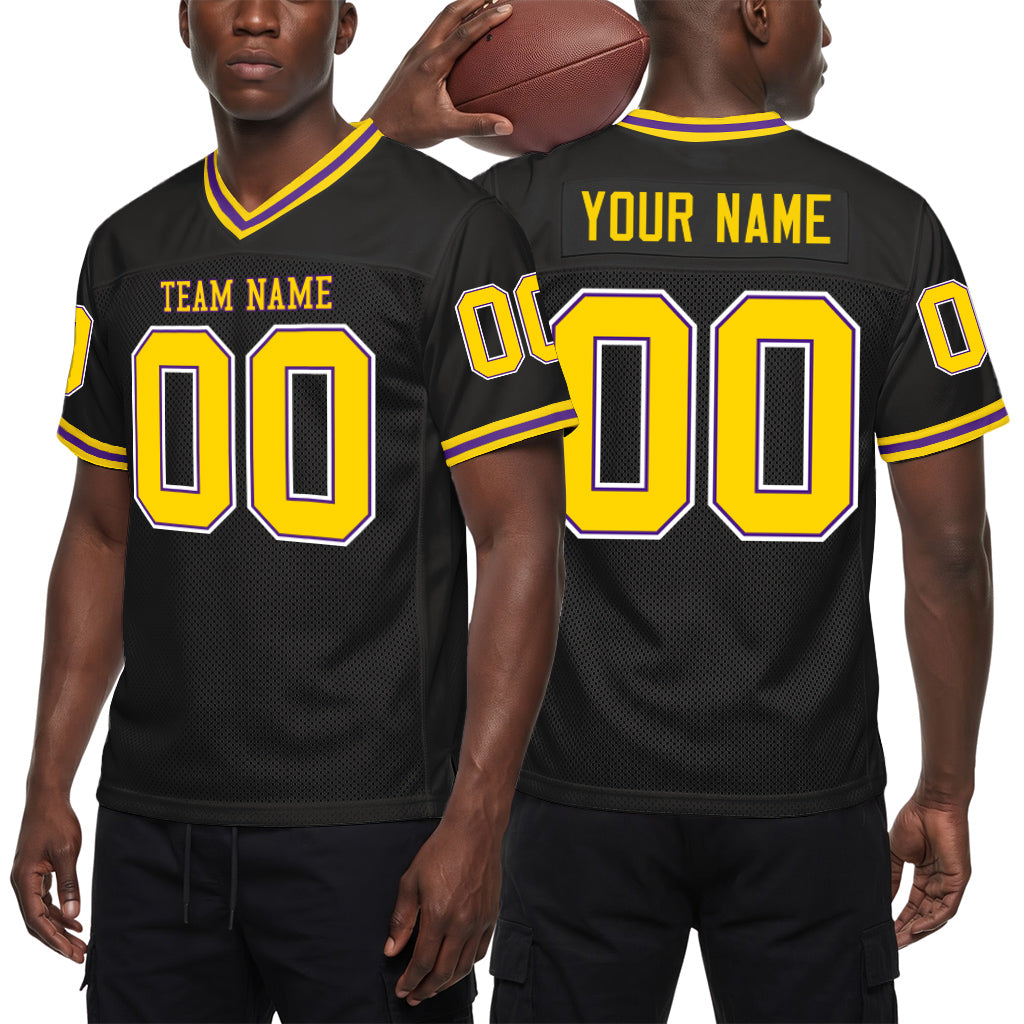 Custom Black Gold-Purple Mesh Throwback Mesh Football Jersey