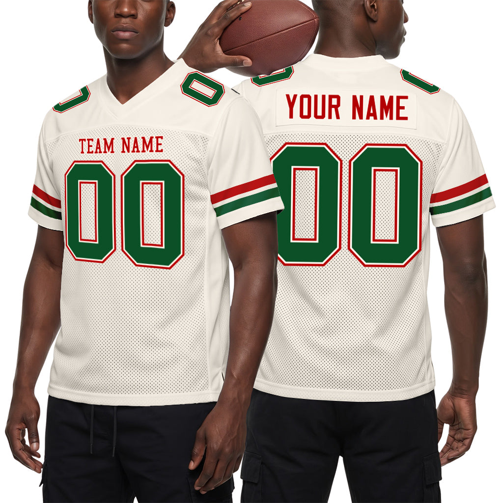 Custom Cream Kelly Green-Red Mesh Football Jersey