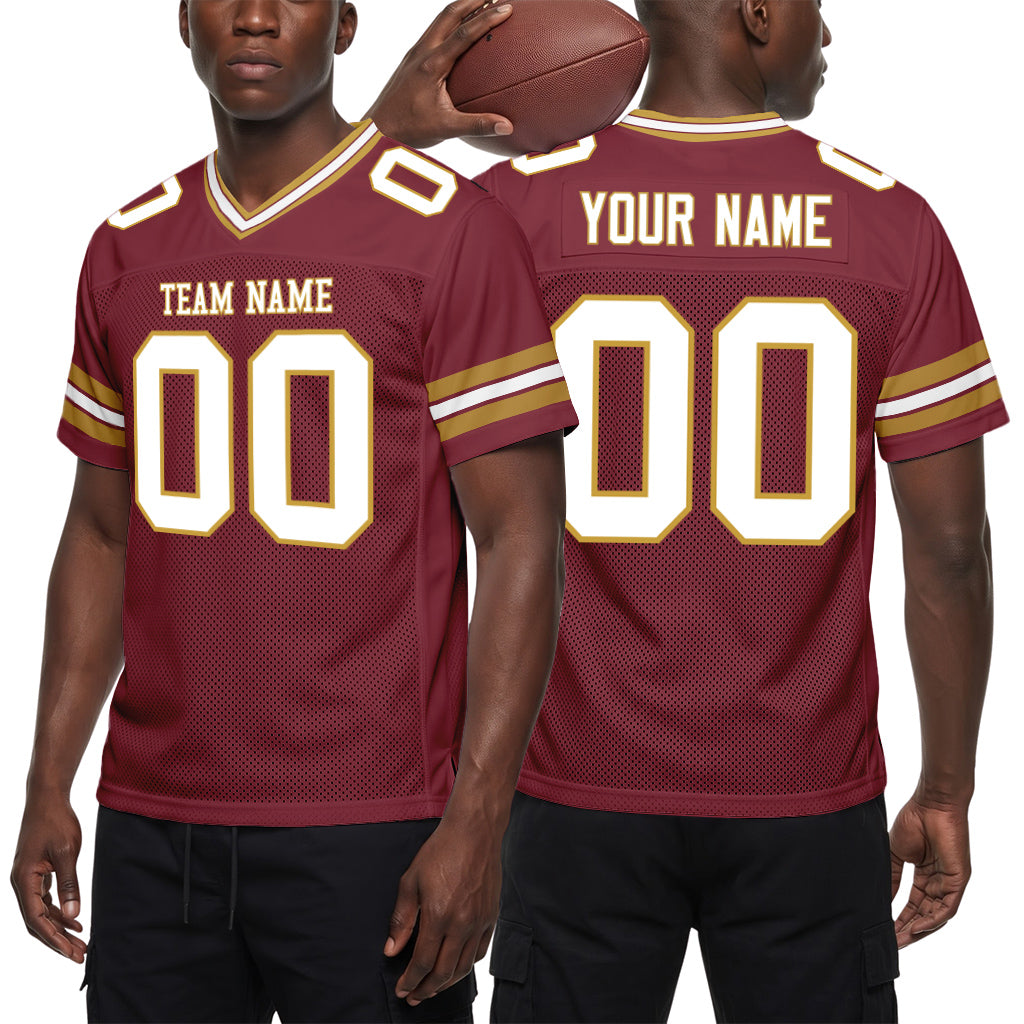 Custom Burgundy White-Old Gold Mesh Football Jersey
