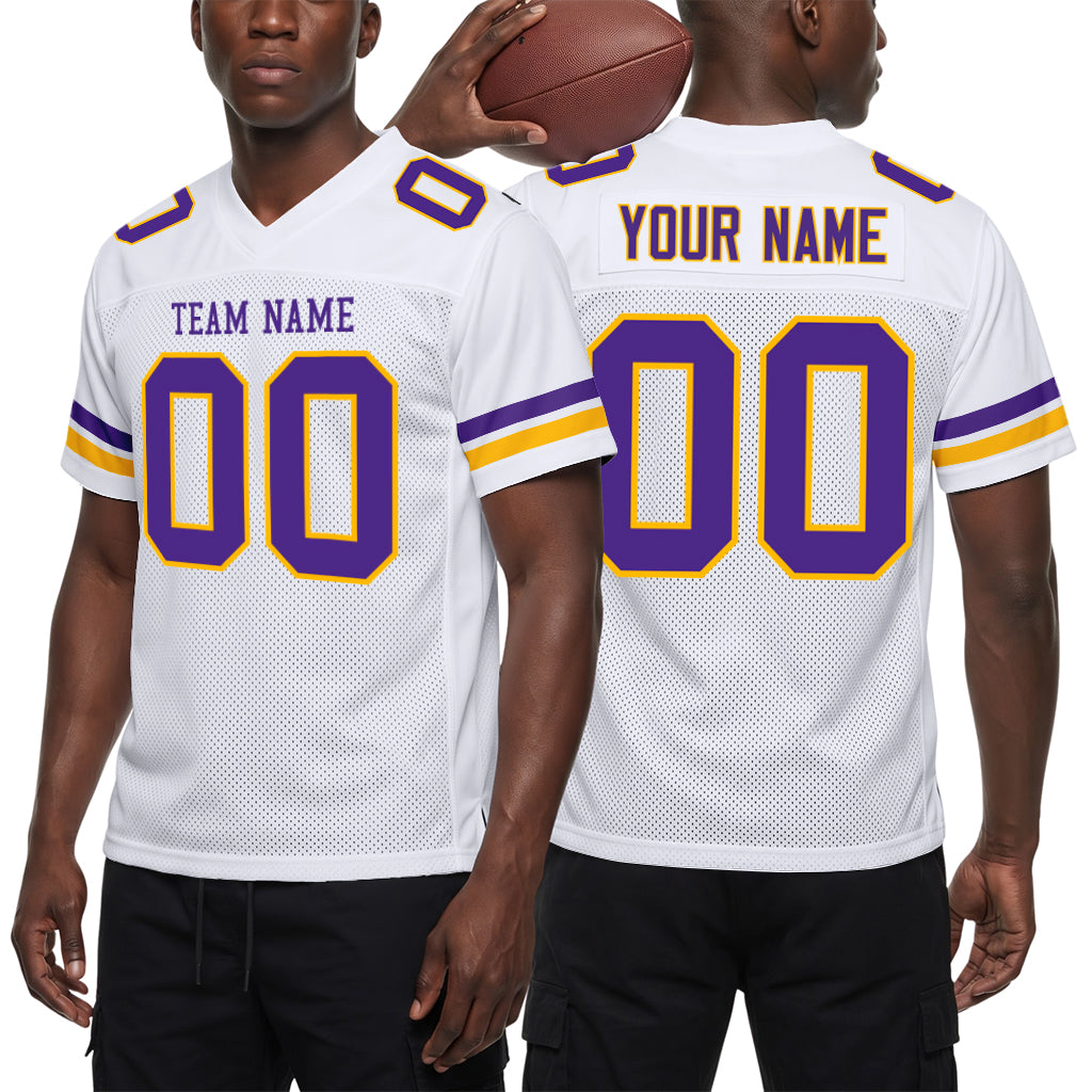 Custom White Purple-Gold Mesh Football Jersey