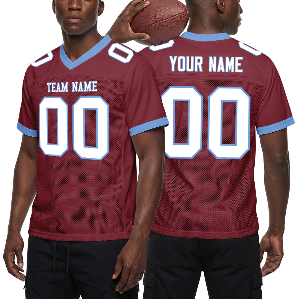 Custom Burgundy White-Electric Blue Mesh Football Jersey
