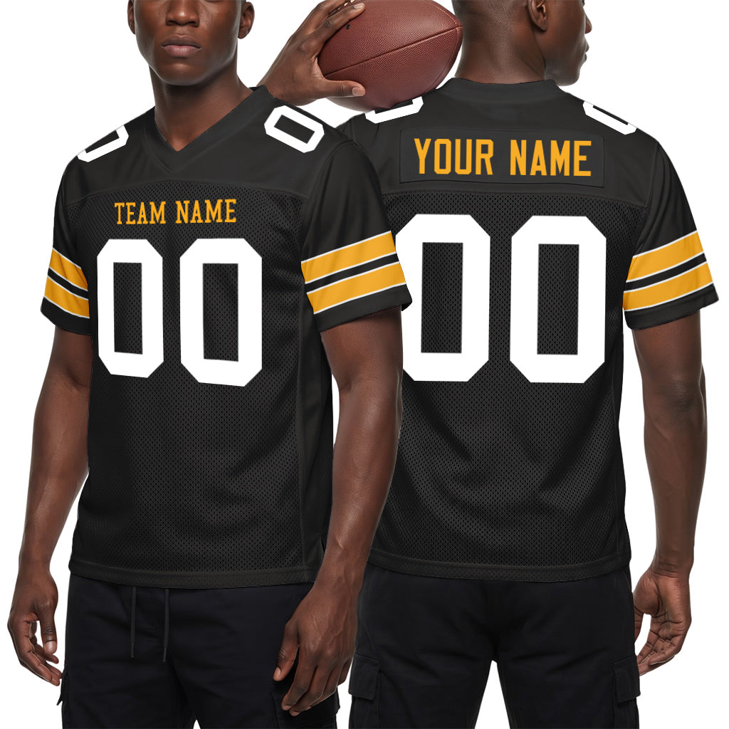 Custom Black White-Gold Mesh Football Jersey