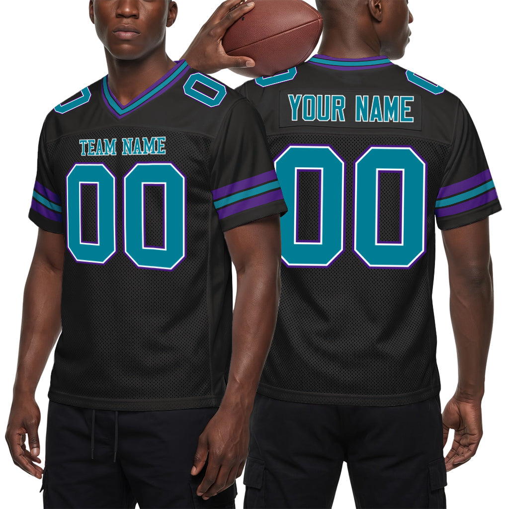 Custom Black Teal-Purple Mesh Football Jersey