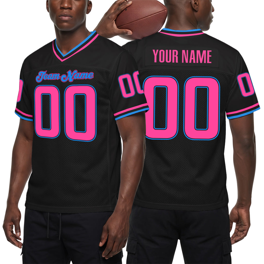 Custom Black Pink-Powder Blue Mesh Football Jersey