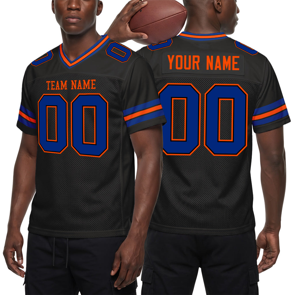 Custom Black Royal-Orange Mesh Football Jersey