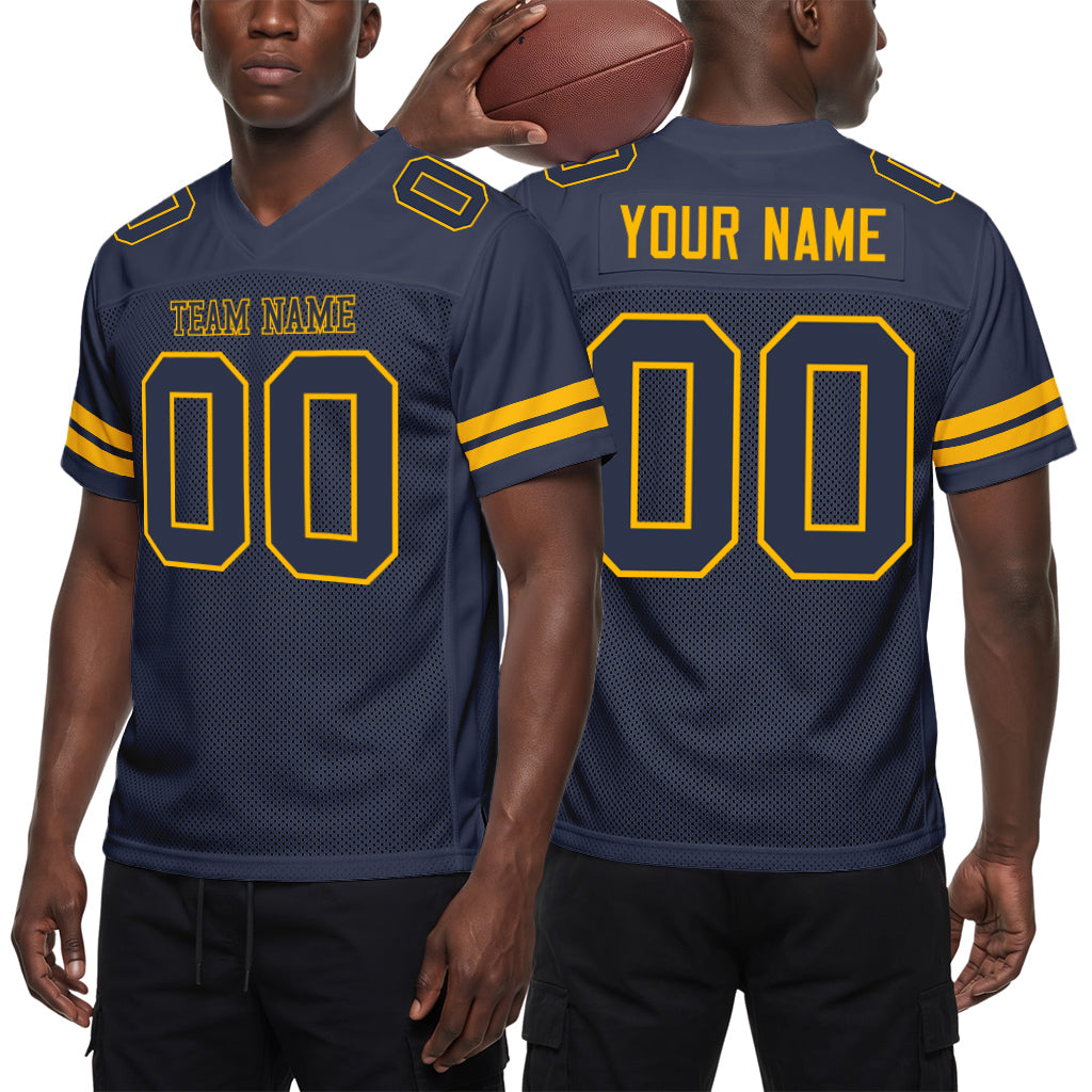 Custom Navy White-Orange Mesh Football Jersey