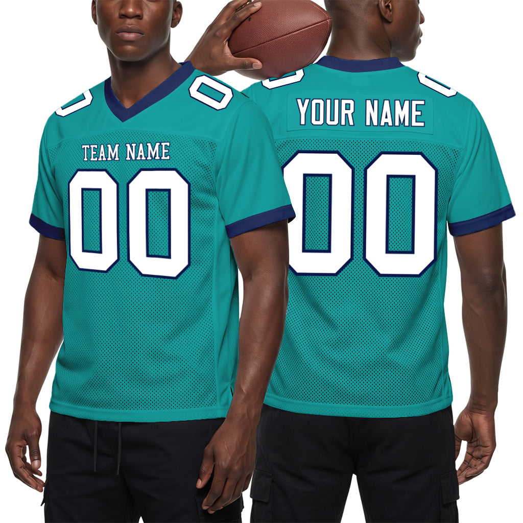Custom Aqua White-Navy Mesh Football Jersey