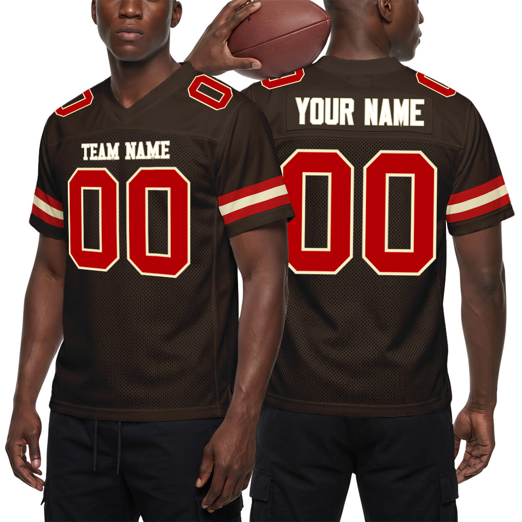 Custom Brown Red-Cream Mesh Football Jersey