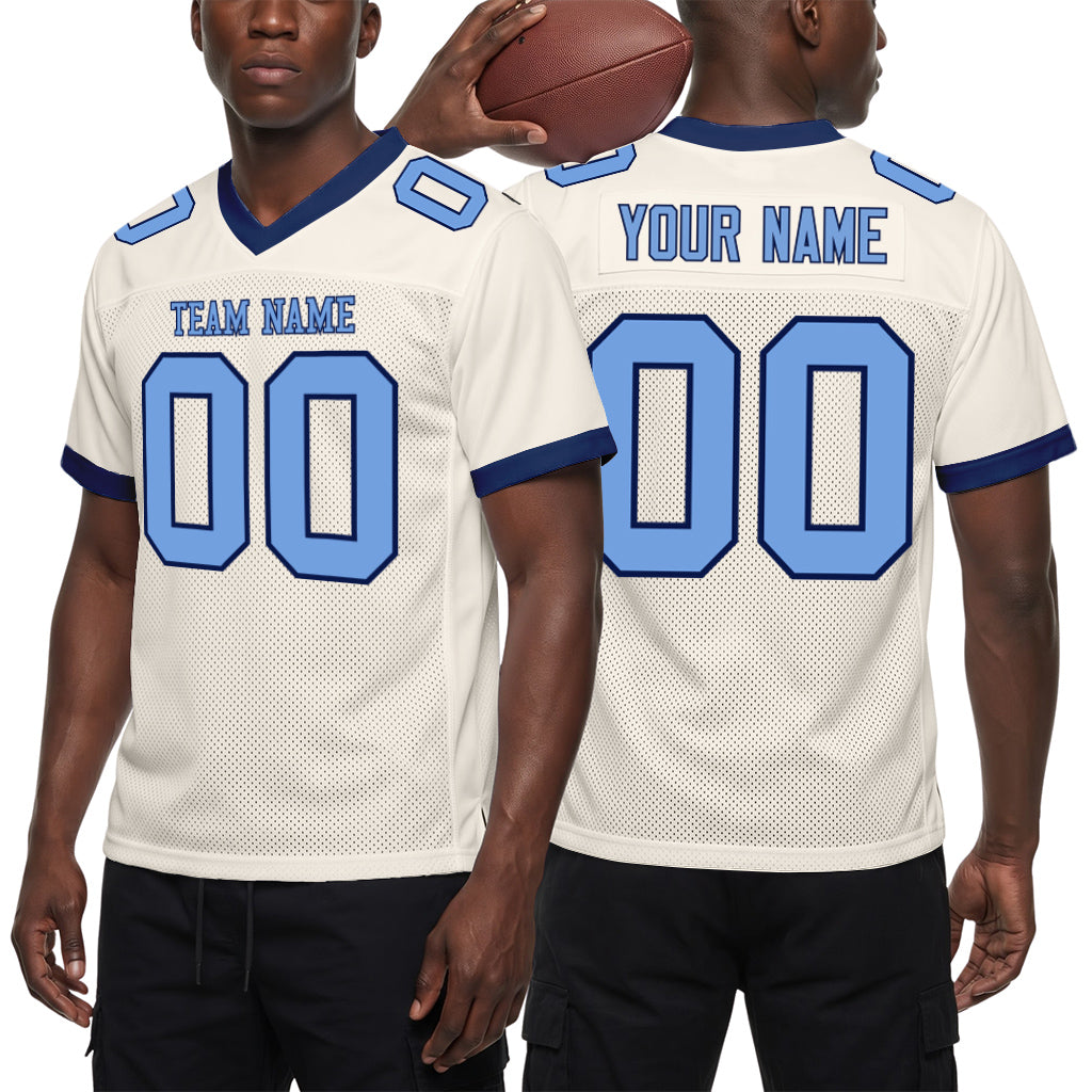 Custom Cream Light Blue-Navy Mesh Football Jersey